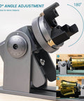 180 degree adjustable 4 In 1 Laser Rotary Chuck Roller with risers for engraving cylindrical objects, shown with mugs and rings.