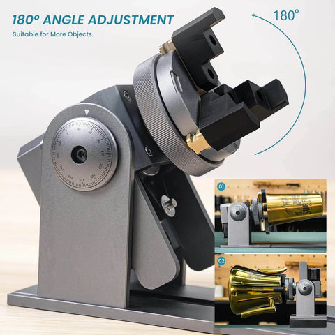 180 degree adjustable 4 In 1 Laser Rotary Chuck Roller with risers for engraving cylindrical objects, shown with mugs and rings.