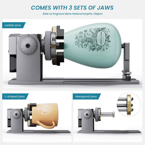 4 In 1 Laser Rotary Chuck Roller With Risers 180 Degree Adjustable Engraving for Cylindrical Objects Rings and Mugs with 3 jaw sets