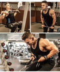 Man using upgraded cable pulley system for home gym LAT and lift attachments forearm wrist roller triceps pull downs and biceps curls.