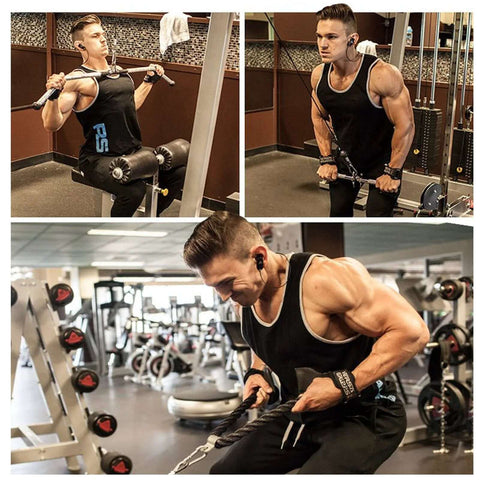 Man using upgraded cable pulley system for home gym LAT and lift attachments forearm wrist roller triceps pull downs and biceps curls.