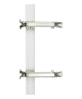 Heavy duty lateral opening door hinge set enables 180 degree parallel opening for cabinets and wardrobes, shown vertically