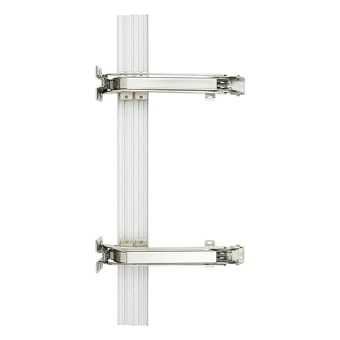 Heavy duty lateral opening door hinge set enables 180 degree parallel opening for cabinets and wardrobes, shown vertically