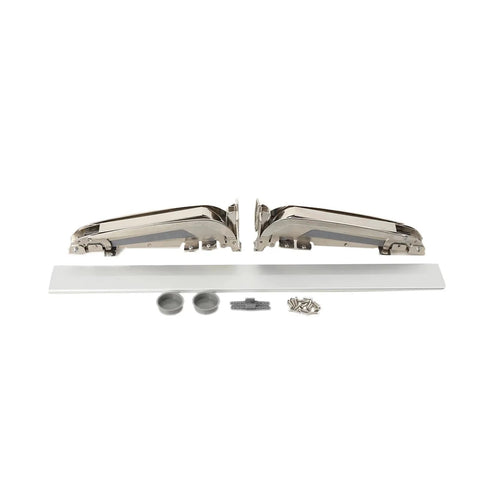 Heavy Duty Lateral Opening Door Hinge Set for cabinets and gates with metal hinges and installation accessories displayed on a white background