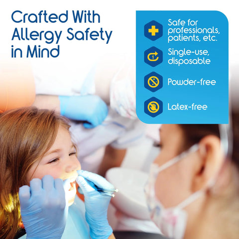 Dentist wearing Nitrile Exam Gloves Blue Large Latex Free Disposable For Medical EMT Use examines child