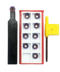 Five Eighths Inch And Three Quarters Inch Lathe Turning Holders Set With Round Carbide Inserts RPMT08T2 RPMT10T3 WNMG432 on white.