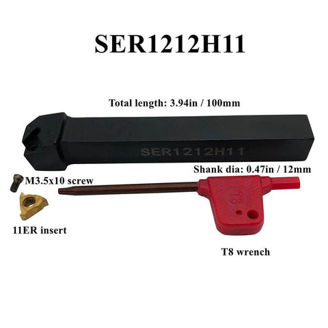 One Half Inch Lathe Threading Tool With External And Internal Threading Holder SER1212H11 Displayed with 11ER Insert and T8 Wrench