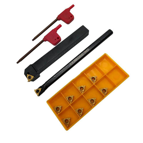 One Half Inch Lathe Threading Tool With External And Internal Threading Holder SER1212H11 And SNL0008K11 With 11ER And 11IR AG60 Carbide Inserts Pro Grade 60 Degree Universal Pitch Includes T8 Wrench, showing tool holders, carbide inserts, and wrench.