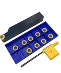 Five Eighth Inch Metal Lathe Tool Holder With 10 Pc RCMT10T3 R5 Carbide Turning Inserts Round Replacement Inserts For Lathe Tools Boss Grade Durability By RHFGYY For Pros displayed with inserts tray and tool key.