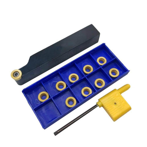 Five Eighth Inch Metal Lathe Tool Holder With 10 Pc RCMT10T3 R5 Carbide Turning Inserts Round Replacement Inserts For Lathe Tools Boss Grade Durability By RHFGYY For Pros displayed with inserts tray and tool key.