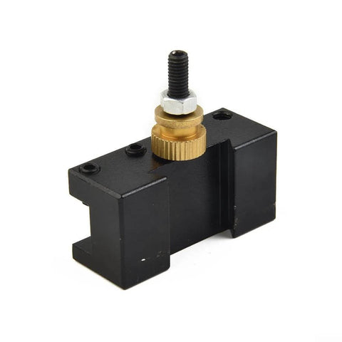 5 Piece Mini Lathe Tool Holder Set With Quick Change Posts For Turning Milling And Facing One Quarter Inch To One Half Inch Tool Holders Pro Grade Quality And Adjustable Cutter Angles Up To Nine Degrees For Precise Cuts, side view of a black metal tool holder with brass screw