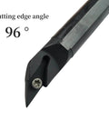 Close-up of Five Eighth Inch Lathe Tool Holder With Ten VCMT Carbide Inserts for metal turning with 96-degree cutting edge angle.