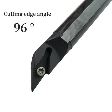 Close-up of Five Eighth Inch Lathe Tool Holder With Ten VCMT Carbide Inserts for metal turning with 96-degree cutting edge angle.