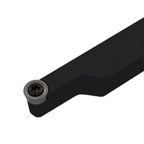 Close-up of Lathe Turning Tool Holder Set with Three Eighths Inch and One Half Inch Shanks featuring RCMT0602 Round Carbide Insert.