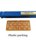 Five Eighth Inch Lathe Tool Holder With Ten VCMT Carbide Inserts plastic packaging with inserts displayed