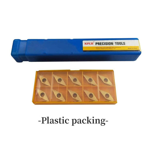 Five Eighth Inch Lathe Tool Holder With Ten VCMT Carbide Inserts plastic packaging with inserts displayed