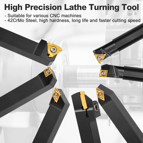 Lathe Turning Tool Kit With Seven Piece One Half Inch Indexable Lathe Tool Holders And Fourteen Carbide Inserts in use on CNC machine