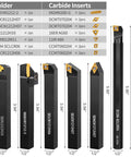 Lathe Turning Tool Kit With Seven Piece One Half Inch Indexable Lathe Tool Holders And Fourteen Carbide Inserts shown with measurements