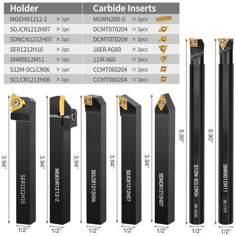 Lathe Turning Tool Kit With Seven Piece One Half Inch Indexable Lathe Tool Holders And Fourteen Carbide Inserts shown with measurements