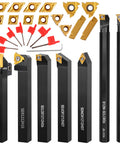 Lathe Turning Tool Kit With Seven Piece One Half Inch Indexable Lathe Tool Holders And Fourteen Carbide Inserts On Display