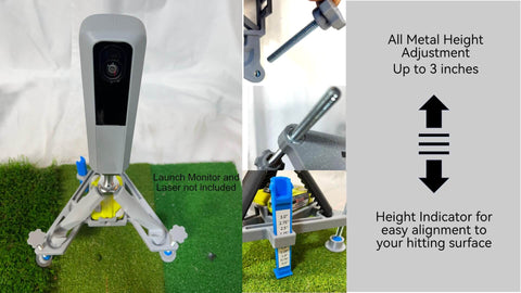 Leveling And Alignment Stand For Launch Monitors Compatible With MLM2Pro And Garmin R10 Mounting Accessory showcasing height adjustment knob and tripod design.