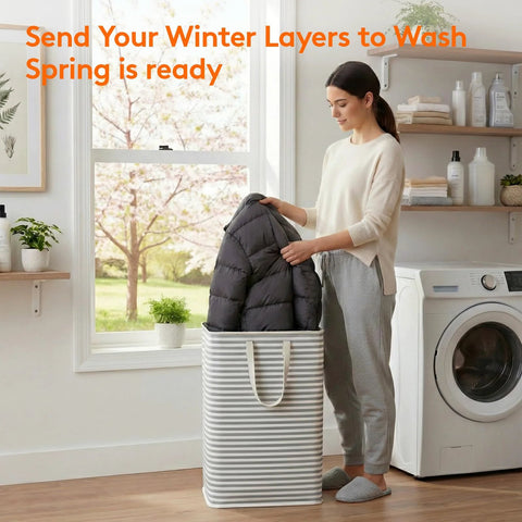 Woman using Two Pack Large Collapsible Laundry Hampers 80L Each Freestanding Waterproof Interior Foldable Laundry Baskets in grey