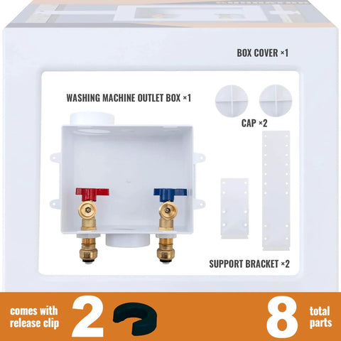 Push Fit Laundry Washer Valve Box With Center Drain, One Half Inch Push Fit Inlet To Three Quarter Inch MHT Outlet, Includes Two Disconnect Clips, DIY Friendly Washing Machine Outlet Box For Easy Install And Broad Pipe Compatibility