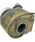 Durable Lava Exterior Turbo Blanket Insulating Cover for HX35W Turbocharger shown in brown with metal edge, fits 96-02 Dodge Ram 5.9L Diesel
