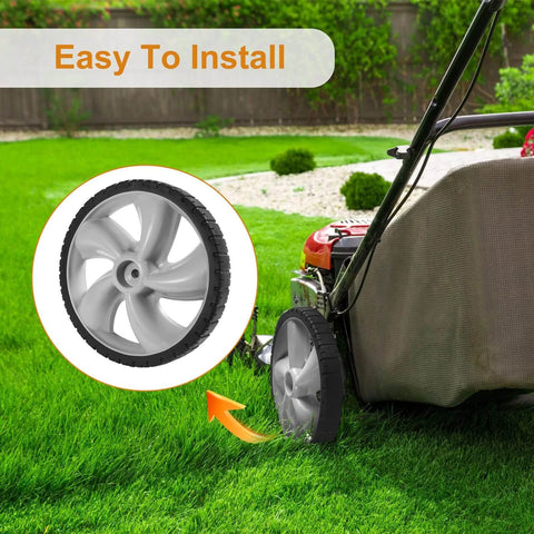 12 Inch Lawn Mower Rear Wheels 2 Pack Replacement for Arnold 490-324-0002 shown on a lawn mower with easy installation highlighted