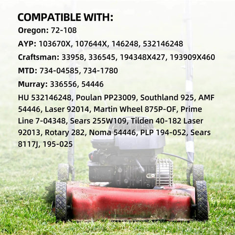 Lawn mower on grass with compatible replacements list, featuring 8 inch wheels for oregon 72-108 hand trucks, replacement wheels fit for radio flyer wagon bbq grill craftsman ayp mtd lawn mower, pack of 2 built for smooth motion, steady alignment, and clean installs for CNC, automation, and replacement jobs.