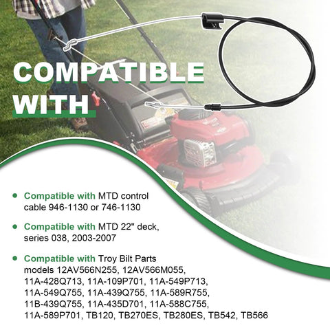 Heavy Duty Control Cable 946-1130 direct replacement displayed with lawn mower and compatibility details for MTD and Troy-Bilt models.