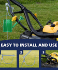 Green watering can attached to lawn mower handle using flexible holder, with easy installation steps shown below.