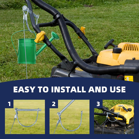 Green watering can attached to lawn mower handle using flexible holder, with easy installation steps shown below.