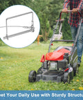 Man mowing lawn with a red lawnmower, showcasing 20 Pack Trailer Coupler Pins With Steel Quick Release Rings inset for lawn hitches.