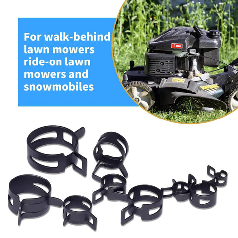 JTAREA Spring Band Hose Clamps Assortment Kit 80 Pieces In 10 Sizes shown with lawn mower in background for secure pipe sealing.