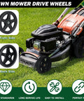 4 Pack 12 Inch Lawn Mower Wheels with Bolts and Lock Nuts on push mower, front and back views, traction tread on grass.