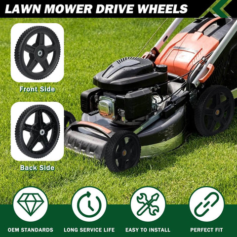 4 Pack 12 Inch Lawn Mower Wheels with Bolts and Lock Nuts on push mower, front and back views, traction tread on grass.