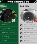 Comparison image featuring 4 Pack 12 Inch Lawn Mower Wheels with Bolts and Lock Nuts on a mower versus an old wheel, highlighting durability and features.