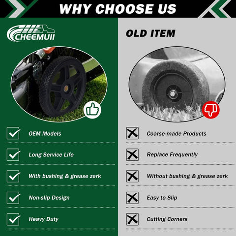 Comparison image featuring 4 Pack 12 Inch Lawn Mower Wheels with Bolts and Lock Nuts on a mower versus an old wheel, highlighting durability and features.