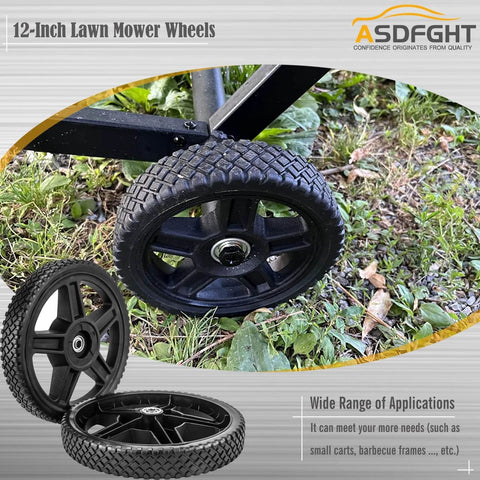 12 Inch Lawn Mower Wheels 2 Pack for Push Mowers installed on lawn mower, showing inner and outer bearing design on grass surface