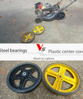 12 Inch Lawn Mower Wheels 2 Pack for Push Mowers, black steel bearings wheel vs yellow plastic core wheel on the ground