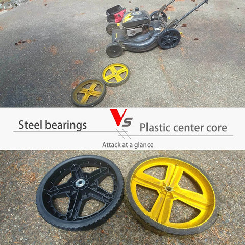 12 Inch Lawn Mower Wheels 2 Pack for Push Mowers, black steel bearings wheel vs yellow plastic core wheel on the ground