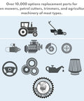 Illustration of replacement parts for lawn mowers, petrol cutters, and agricultural machinery.