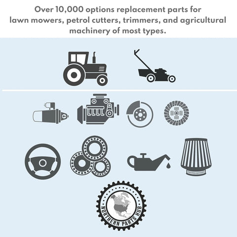 Illustration of replacement parts for lawn mowers, petrol cutters, and agricultural machinery.