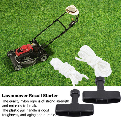 Replacement Pull Cord Rope Kit 1.5m With Two Handles For Most Lawn Mowers And Trimmers, shown with lawn mower and pull handles