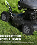 10 inch solid rubber tires and wheels on a lawnmower, showcasing flat free tubeless design with 5/8" axle bore hole and 2.1" offset hub