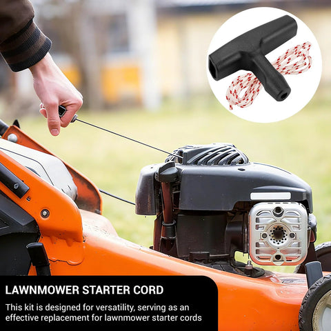 Person using a lawnmower starter cord; inset image of pull handle and durable rope.