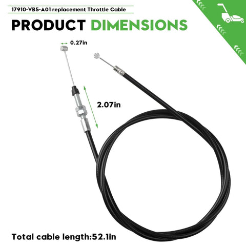 52 inch throttle cable replacement for HRA214, HRA215, HRA216, HRC215, HRC215K1 lawn mowers shown with dimensions.