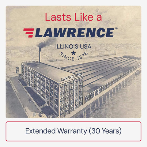 Historic Lawrence factory illustration with company logo, "Lasts Like a Lawrence," extended warranty note.