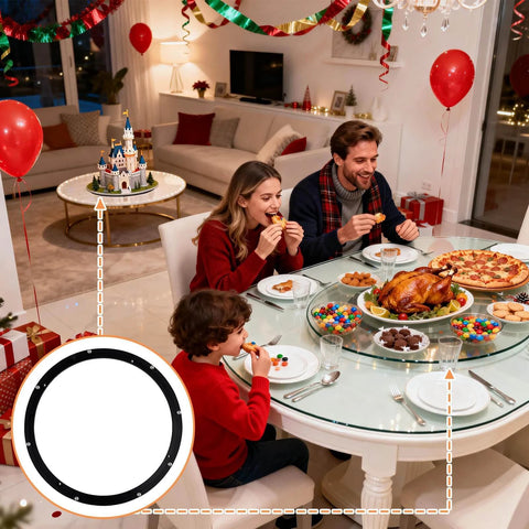 Family dining with 12 Inch Heavy Duty Lazy Susan Hardware, Metal Rotating Turntable Bearing Ring, tabletop, serving trays.